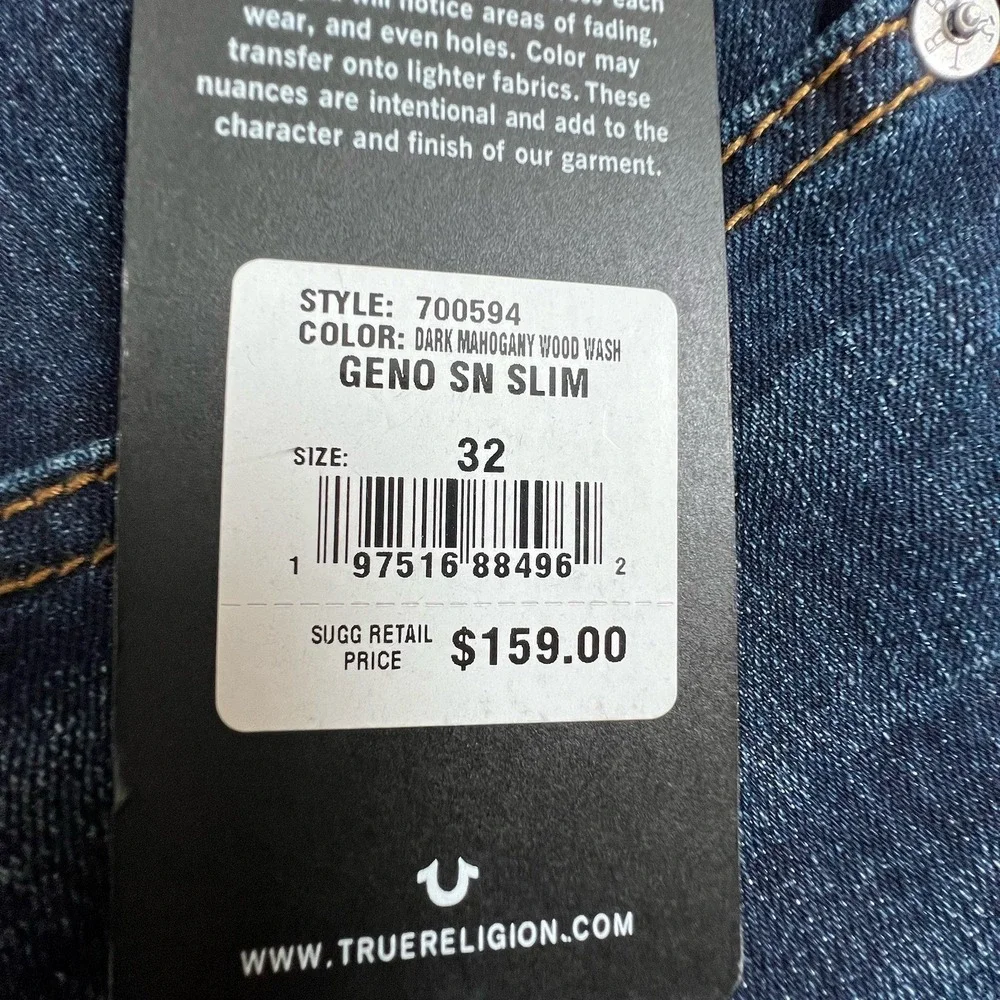 NEW‎ True Religion Mens 32X32 Geno Relaxed Slim Dark Wash Jeans MSRP $159